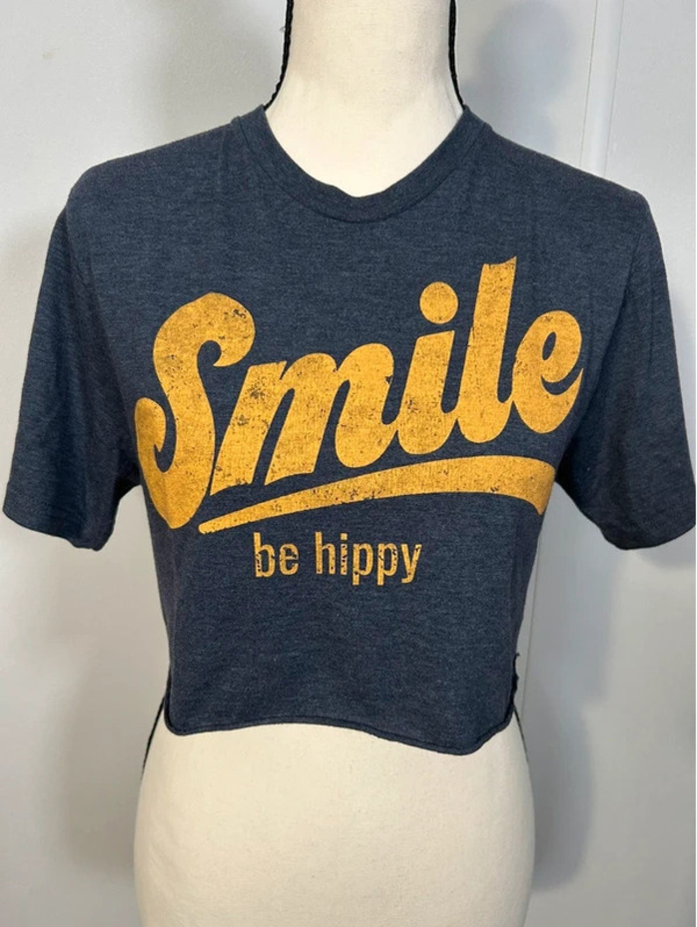 Be Hippy Smile Graphic Crop T-Shirt Navy Blue Mustard Yellow Small